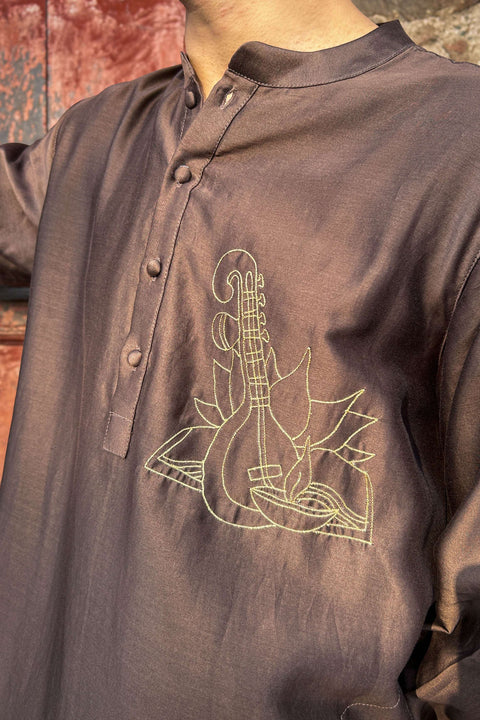 Close-up of the sitar and swan motif embroidery, Brown Chanderi silk men's kurta