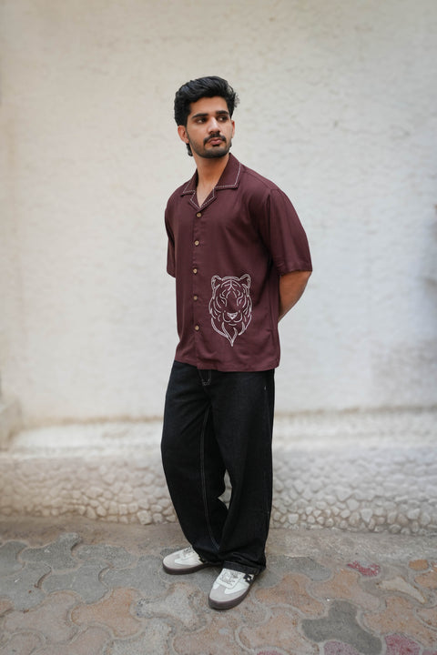 Brown modal viscose shirt for men with hand embroidered tiger motif, full-length view