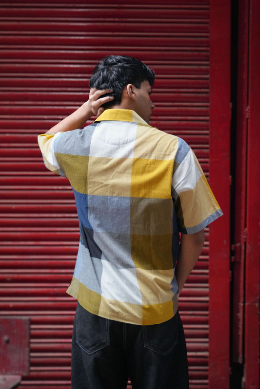 Back view of Multicolour checks cotton men's shirt showing the relaxed drape