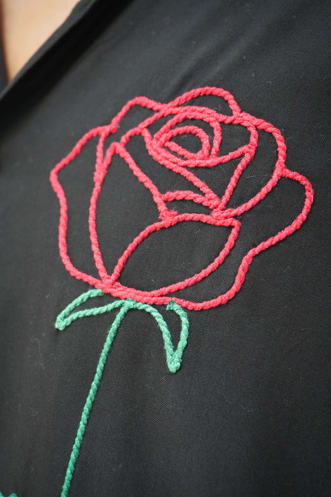 Close-up of the red rose embroidery, Black modal viscose men's shirt