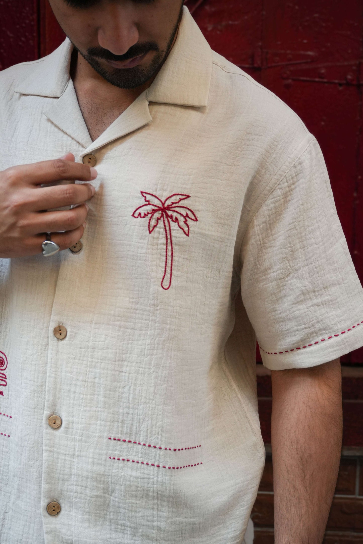 Close-up of the palm tree embroidery with kantha detailing, Beige double cloth cotton men's shirt