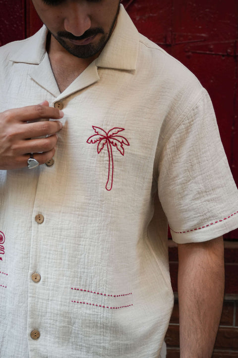 Close-up of the palm tree embroidery with kantha detailing, Beige double cloth cotton men's shirt