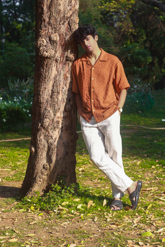 Caramel brown textured cotton shirt for men with golden woven stripes, full-length view