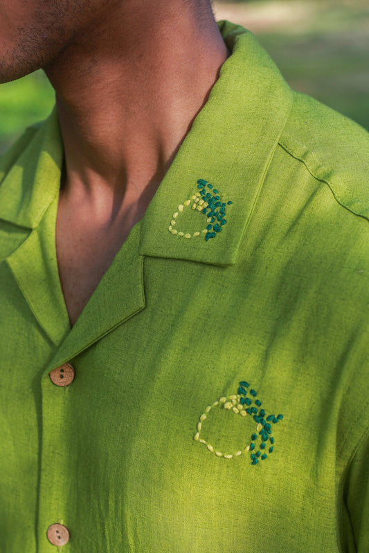 Close-up of the kantha lemon motif at the collar, Apple green linen men's shirt