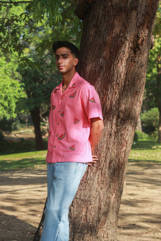 Watermelon pink handloom cotton shirt for men with kantha watermelon motifs, side view