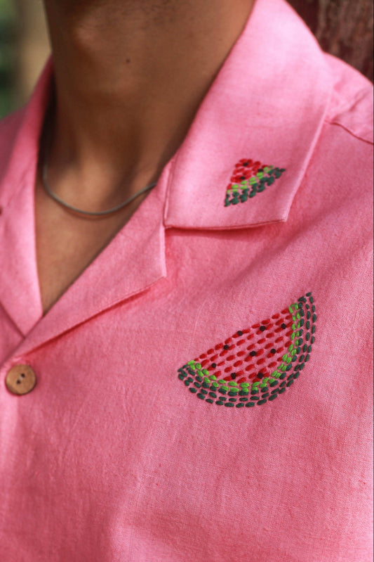 Close-up of the kantha watermelon motifs on the chest and collar, Watermelon pink handloom cotton men's shirt