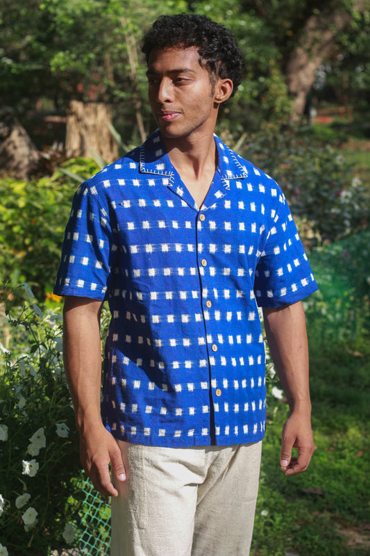 Royal blue ikat handloom cotton shirt for men with hand embroidered collar detail, front view