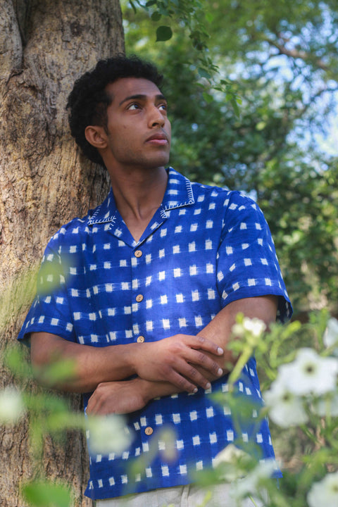 Royal blue ikat handloom cotton shirt for men with hand embroidered collar detail, three-quarter view, Jodhpur Ikat Shirt