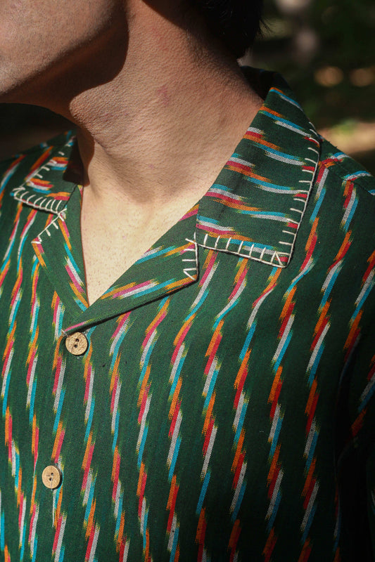 Close-up of the kantha stitched Cuban collar and pocket, Green ikat handloom cotton men's shirt