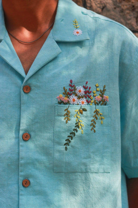 Aqua blue hand embroidered handloom cotton men's shirt, pocket view close up