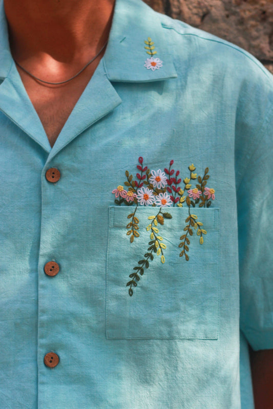 Aqua blue hand embroidered handloom cotton men's shirt, pocket view close up
