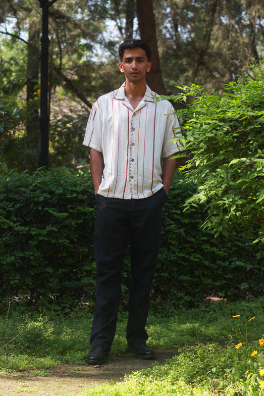 Beige striped linen shirt for men with hand embroidered collar and placket, full-length view