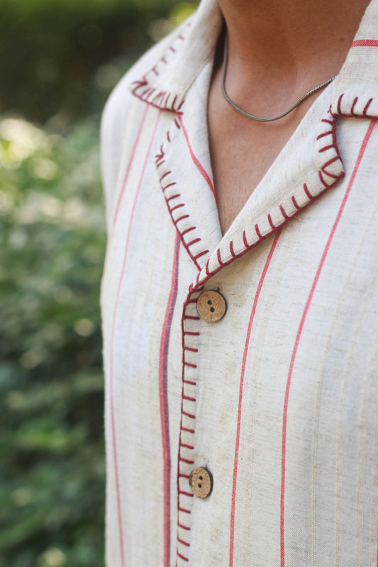Close-up of the blanket stitch collar and woven stripes, Beige striped linen men's shirt