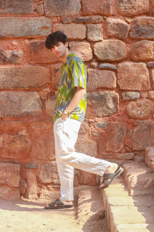 Green-grey ikat handloom cotton shirt for men, side view