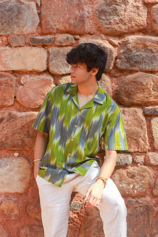 Green-grey ikat handloom cotton shirt for men, three-quarter view