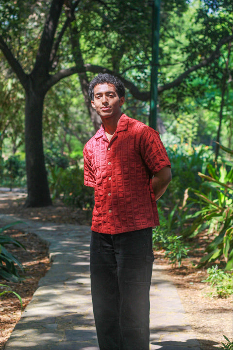 Deep burgundy textured cotton shirt for men with raised square weave, full-length view