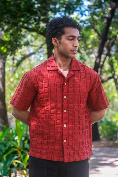 Deep burgundy textured cotton shirt for men with raised square weave, front view, Madrid Shirt by Oje'