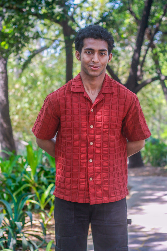 Deep burgundy textured cotton shirt for men with raised square weave, front view