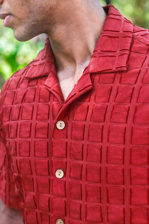 Close-up of the raised square weave at the placket, Deep burgundy textured cotton men's shirt