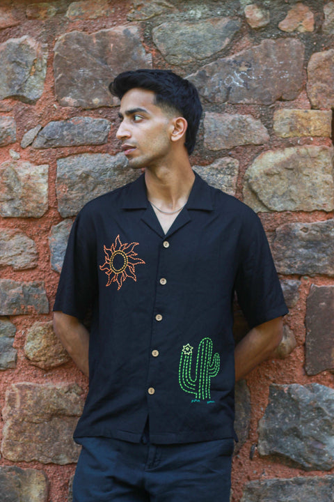 Black modal shirt for men with kantha sun and cactus motifs, side view, Kutch Embroidered Shirt by Oje'