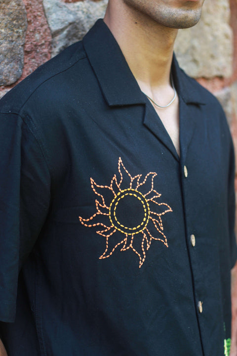 Close-up of the kantha sun motif, Black modal men's shirt