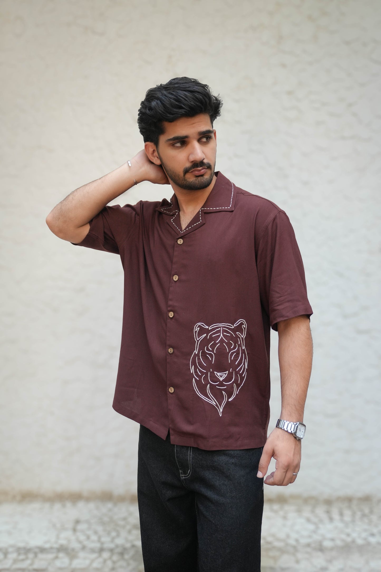 Brown modal viscose shirt for men with hand embroidered tiger motif, front view