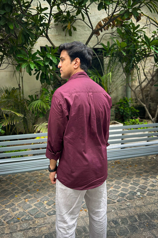 Deep wine pure cotton shirt for men, back three-quarter view
