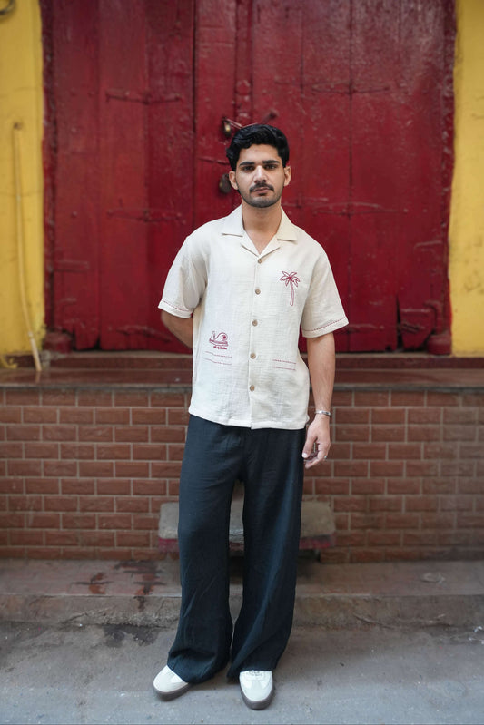Beige double cloth cotton shirt for men with aari embroidered palm tree and waves, full-length view