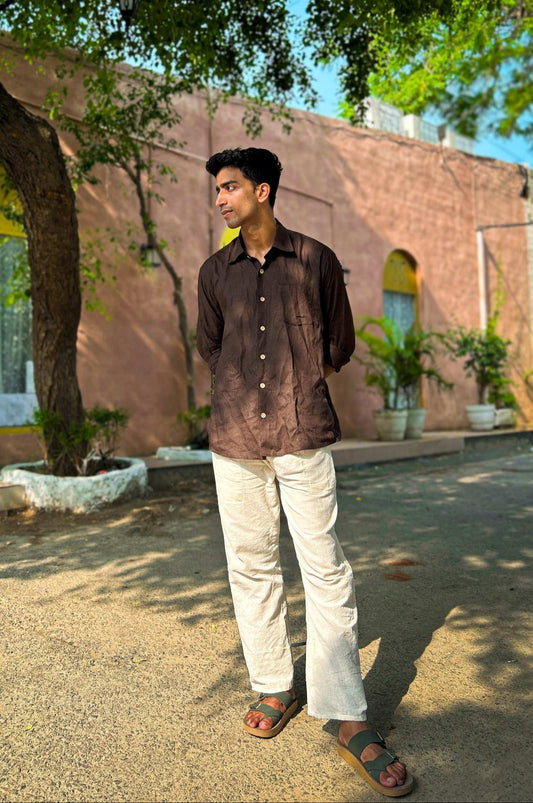 Mocha brown pure linen shirt for men, full-length view