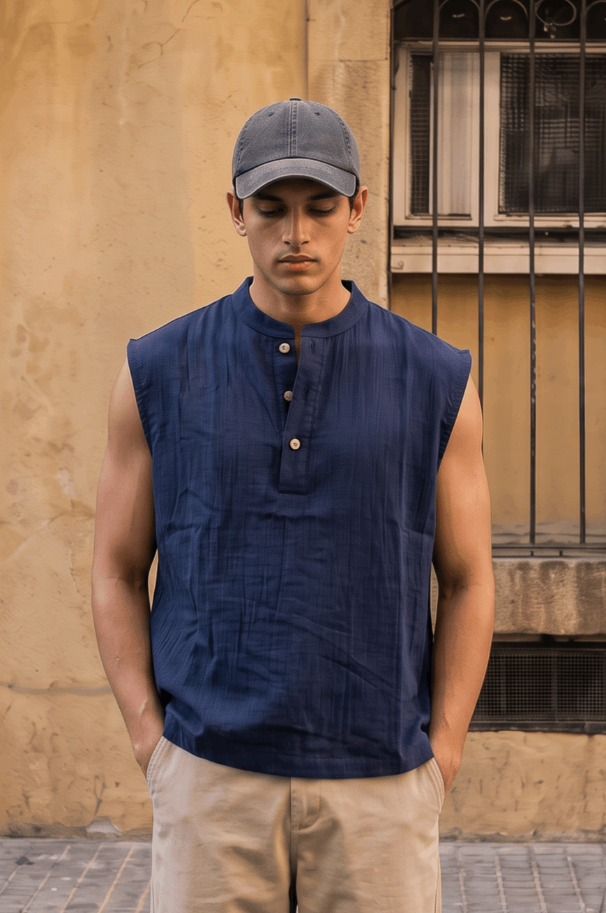 Ibiza Sleeveless Henley - Navy Blue