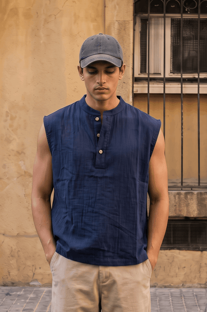 Ibiza Sleeveless Henley - Navy Blue