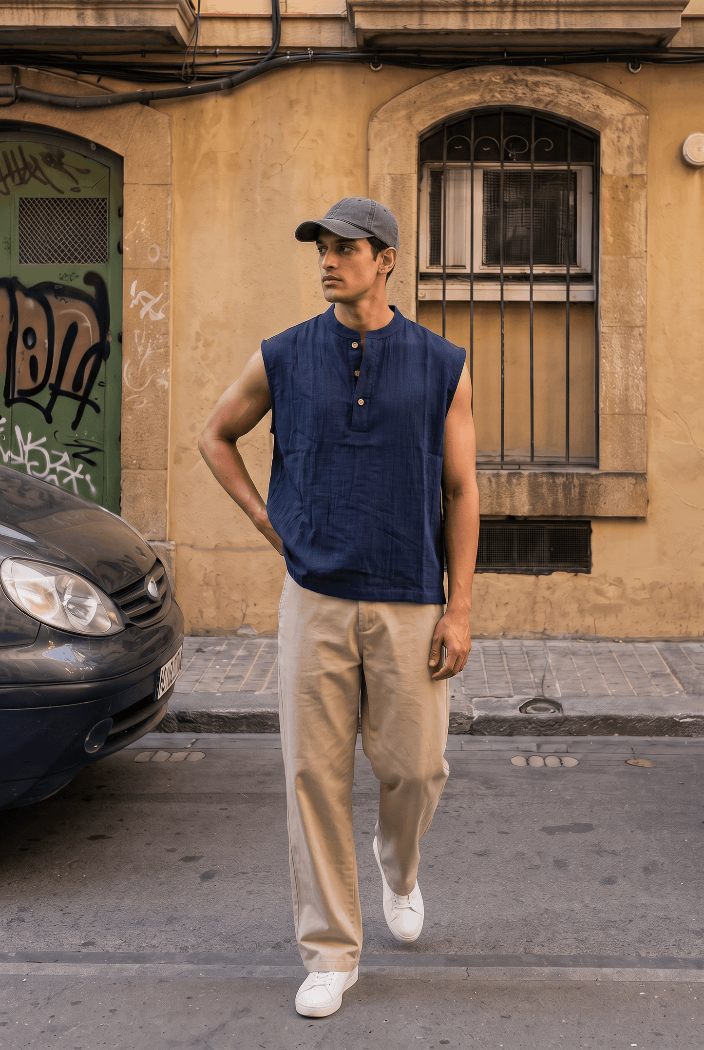Ibiza Sleeveless Henley - Navy Blue