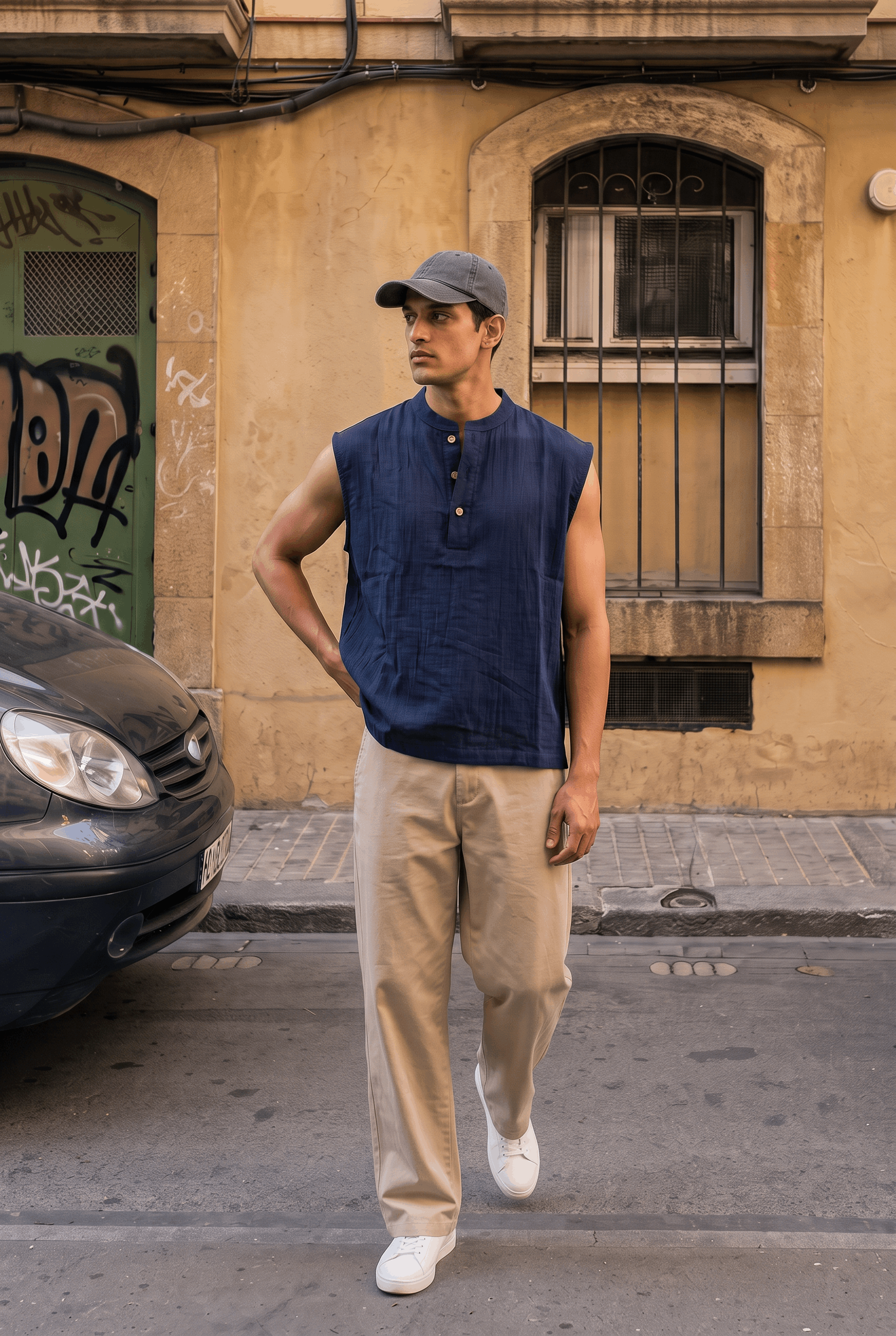 Ibiza Sleeveless Henley - Navy Blue