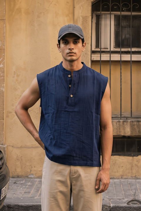 Ibiza Sleeveless Henley - Navy Blue