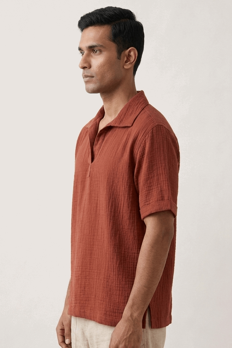 Rust red double cloth cotton popover shirt for men, side view