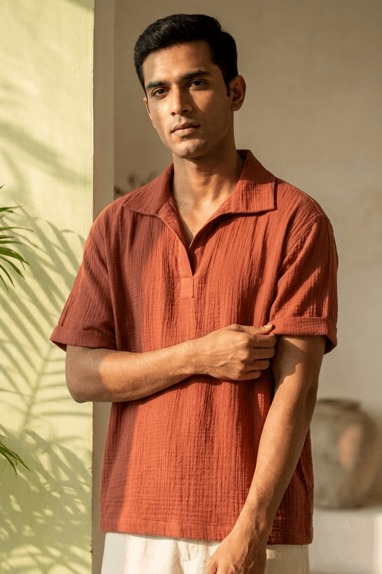 Rust red double cloth cotton popover shirt for men, front view