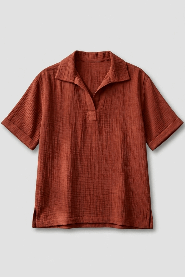 Flat lay of rust red double cloth cotton popover shirt for men, baggy fit