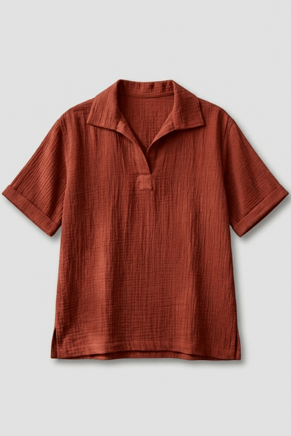 Flat lay of rust red double cloth cotton popover shirt for men, baggy fit