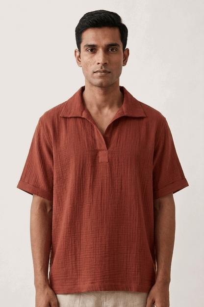 Rust red double cloth cotton popover shirt for men, front view, Santa Fe Popover Shirt by Oje'