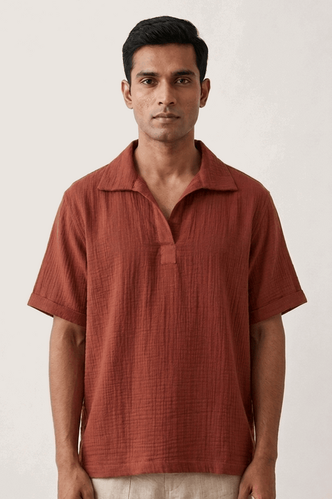 Rust red double cloth cotton popover shirt for men, front view, Santa Fe Popover Shirt by Oje'