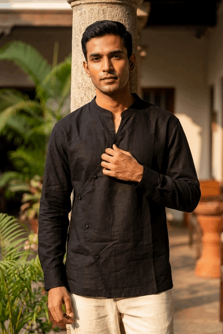 Osaka Kimono Cotton Linen Shirt - Black