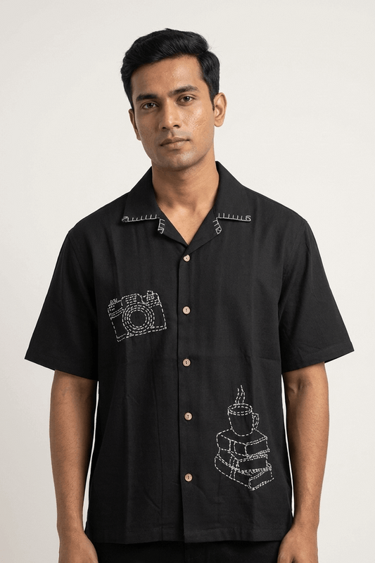 Black hand embroidered modal shirt for men, camera and coffee motifs