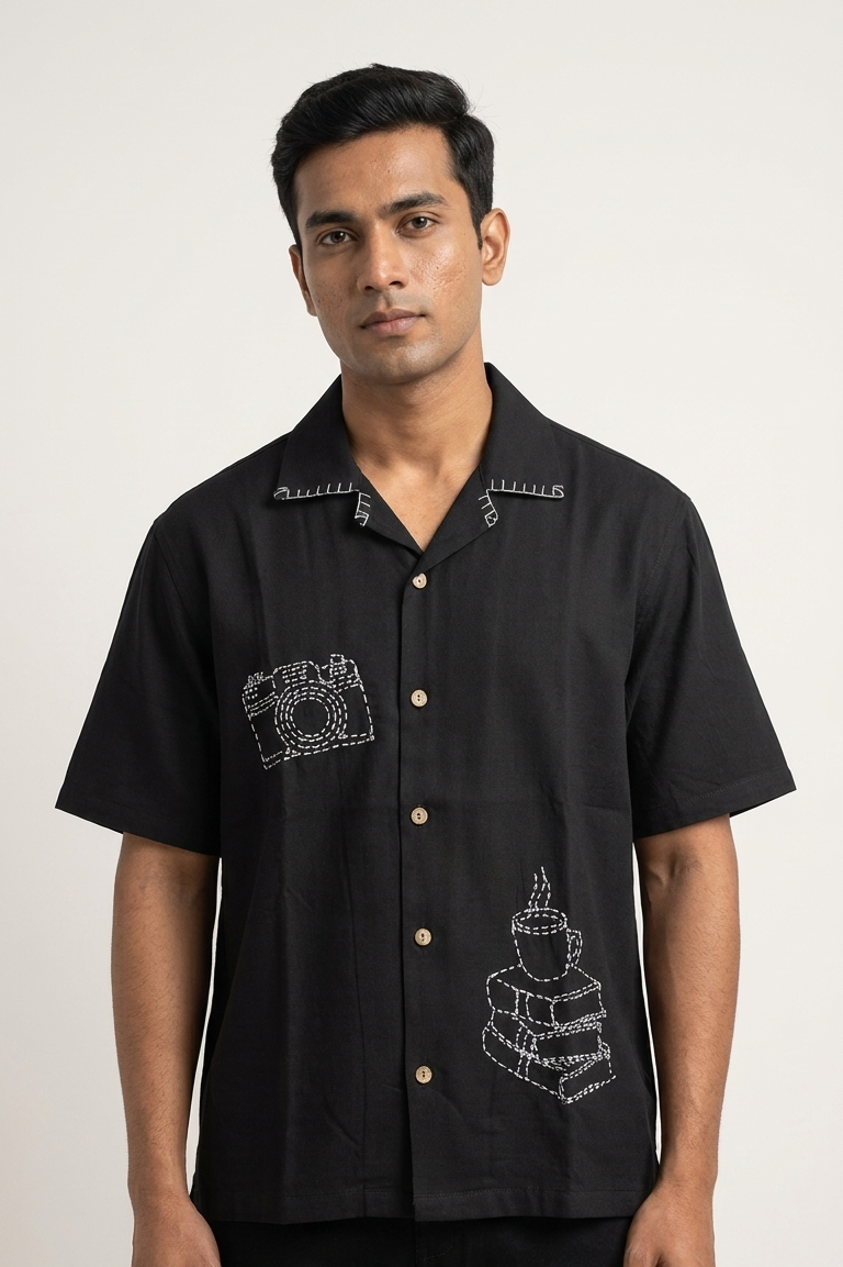 Black hand embroidered modal shirt for men, camera and coffee motifs